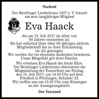 Anzeige von Eva Haack von Reutlinger General-Anzeiger