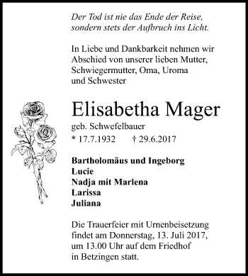 Anzeige von Elisabetha Mager von Reutlinger General-Anzeiger