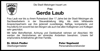Anzeige von Gerda Laub von Reutlinger General-Anzeiger