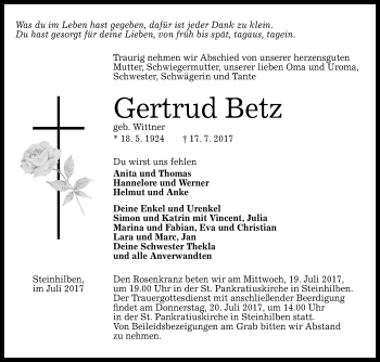 Anzeige von Gertrud Betz von Reutlinger General-Anzeiger