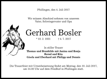 Anzeige von Gerhard Bosler von Reutlinger General-Anzeiger