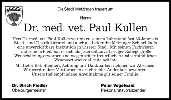 Anzeige von Paul Kullen von Reutlinger General-Anzeiger