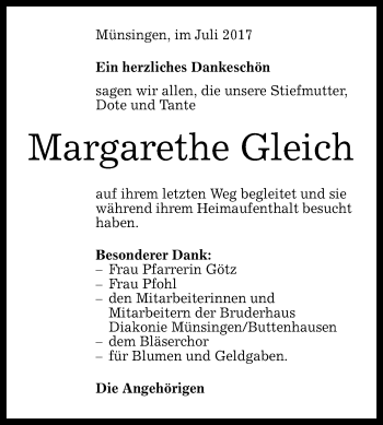 Anzeige von Margarethe Gleich von Reutlinger General-Anzeiger