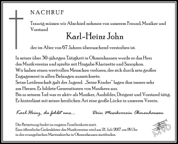 Anzeige von Karl-Heinz John von Reutlinger General-Anzeiger