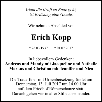 Anzeige von Erich Kopp von Reutlinger General-Anzeiger