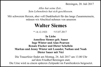 Anzeige von Walter Siemes von Reutlinger General-Anzeiger