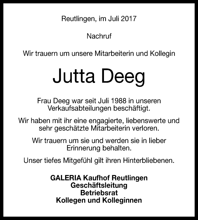  Traueranzeige für Jutta Deeg vom 01.07.2017 aus Reutlinger General-Anzeiger