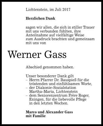 Anzeige von Werner Gass von Reutlinger General-Anzeiger