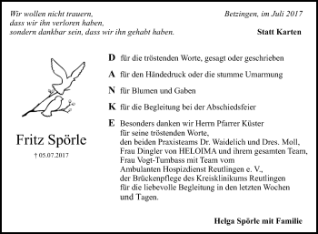 Anzeige von Fritz Spörle von Reutlinger General-Anzeiger