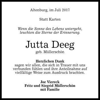 Anzeige von Jutta Deeg von Reutlinger General-Anzeiger