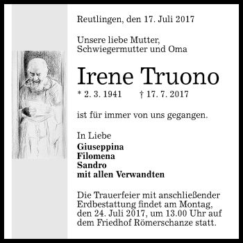 Anzeige von Irene Truono von Reutlinger General-Anzeiger