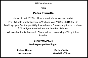 Anzeige von Petra Tröndle von Reutlinger General-Anzeiger