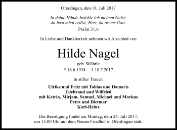 Anzeige von Hilde Nagel von Reutlinger General-Anzeiger