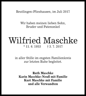 Anzeige von Wilfried Maschke von Reutlinger General-Anzeiger