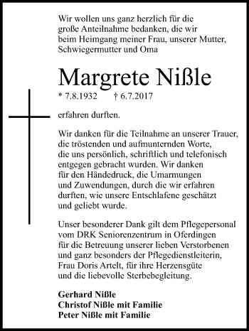 Anzeige von Margrete Nißle von Reutlinger General-Anzeiger