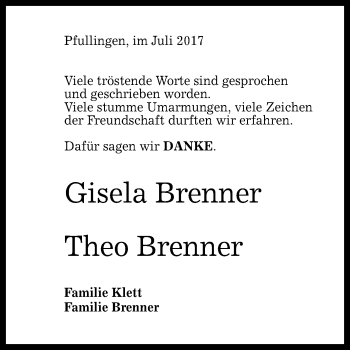 Anzeige von Gisela und Theo Brenner von Reutlinger General-Anzeiger