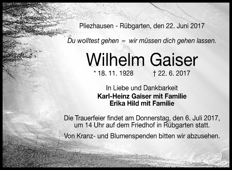  Traueranzeige für Wilhelm Gaiser vom 01.07.2017 aus Reutlinger General-Anzeiger