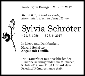 Anzeige von Sylvia Schröter von Reutlinger General-Anzeiger