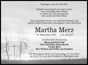 Anzeige von Martha Merz von Reutlinger General-Anzeiger