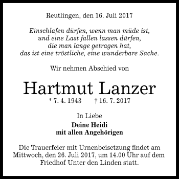 Anzeige von Hartmut Lanzer von Reutlinger General-Anzeiger