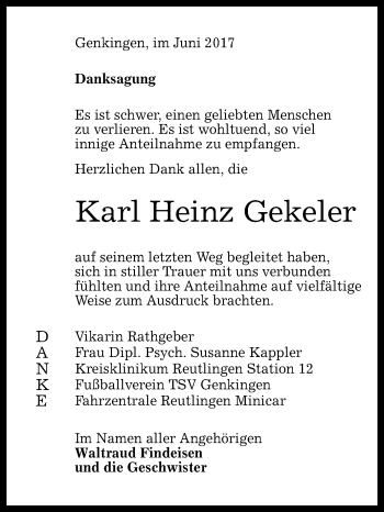 Anzeige von Karl Heinz Gekeler von Reutlinger General-Anzeiger