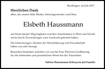 Anzeige von Elsbeth Haussmann von Reutlinger General-Anzeiger