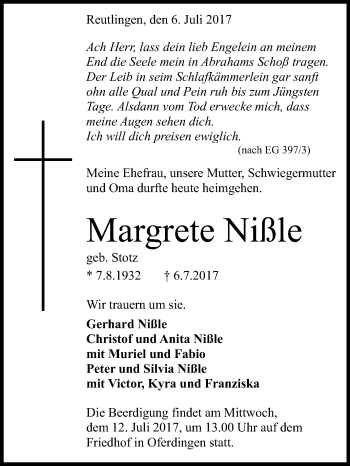 Anzeige von Margrete Nißle von Reutlinger General-Anzeiger