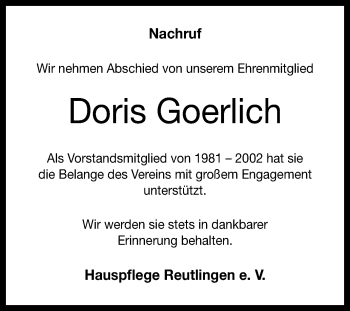 Anzeige von Doris Goerlich von Reutlinger General-Anzeiger