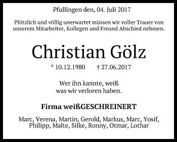 Anzeige von Christian Gölz von Reutlinger General-Anzeiger