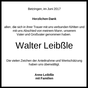 Anzeige von Walter Leibßle von Reutlinger General-Anzeiger