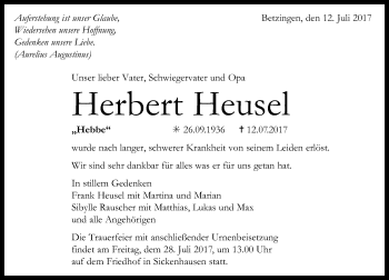Anzeige von Herbert Heusel von Reutlinger General-Anzeiger