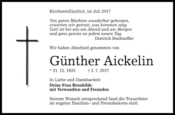Anzeige von Günther Aickelin von Reutlinger General-Anzeiger