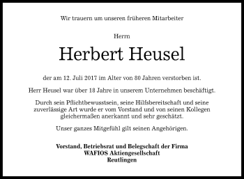 Anzeige von Herbert Heusel von Reutlinger General-Anzeiger