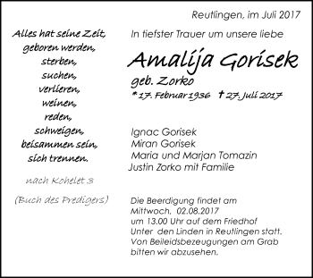 Anzeige von Amalija Gorisek von Reutlinger General-Anzeiger