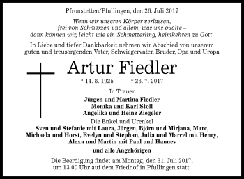Anzeige von Artur Fiedler von Reutlinger General-Anzeiger