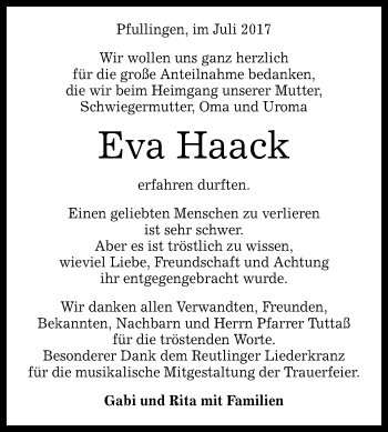 Anzeige von Eva Haack von Reutlinger General-Anzeiger