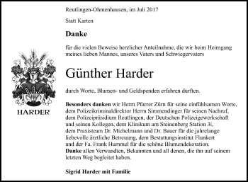 Anzeige von Günther Harder von Reutlinger General-Anzeiger