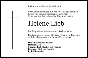 Anzeige von Helene Lieb von Reutlinger General-Anzeiger