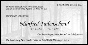 Anzeige von Manfred Failenschmid von Reutlinger General-Anzeiger