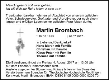 Anzeige von Martin Brombach von Reutlinger General-Anzeiger