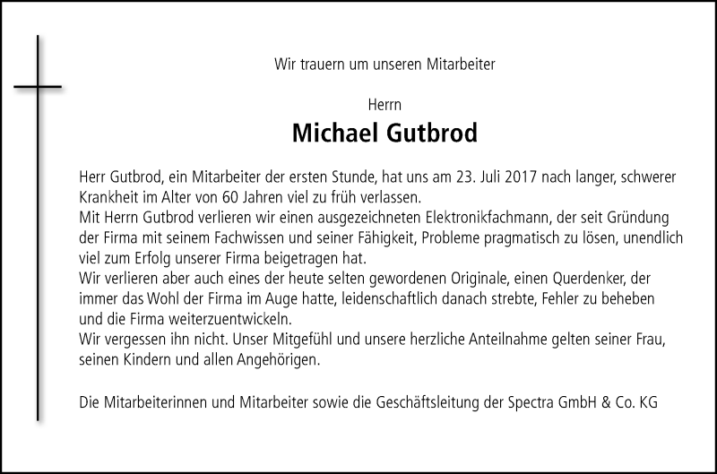  Traueranzeige für Michael Gutbrod vom 28.07.2017 aus Reutlinger General-Anzeiger