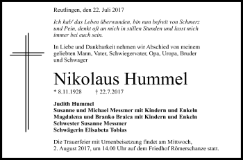 Anzeige von Nikolaus Hummel von Reutlinger General-Anzeiger