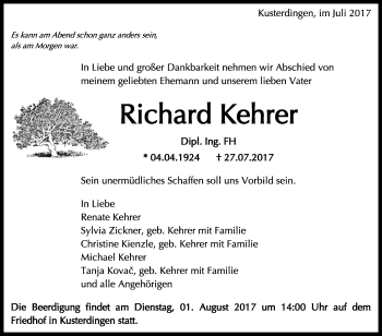 Anzeige von Richard Kehrer von Reutlinger General-Anzeiger