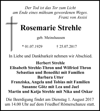 Anzeige von Rosemarie Strehle von Reutlinger General-Anzeiger