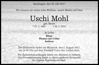 Anzeige von Uschi Mohl von Reutlinger General-Anzeiger