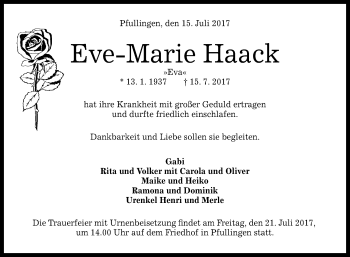 Anzeige von Eve-Marie Haack von Reutlinger General-Anzeiger