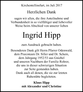 Anzeige von Ingrid Hipp von Reutlinger General-Anzeiger