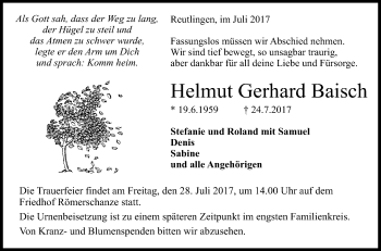 Anzeige von Helmut Gerhard Baisch von Reutlinger General-Anzeiger
