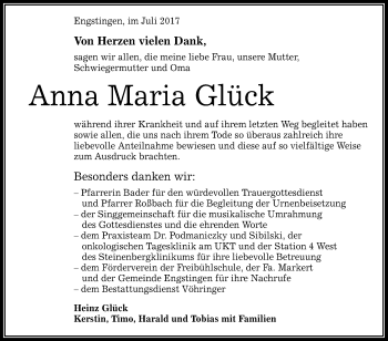 Anzeige von Anna Maria Glück von Reutlinger General-Anzeiger