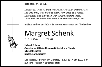 Anzeige von Margret Schenk von Reutlinger General-Anzeiger